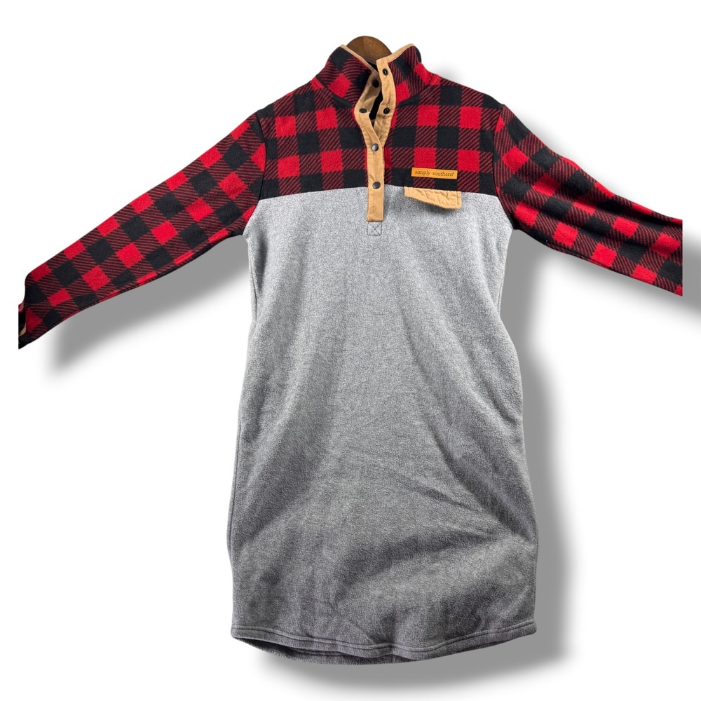 Simply Southern Gray Red Buffalo Plaid Fleece Snap Neck Tunic Dress Womens Small